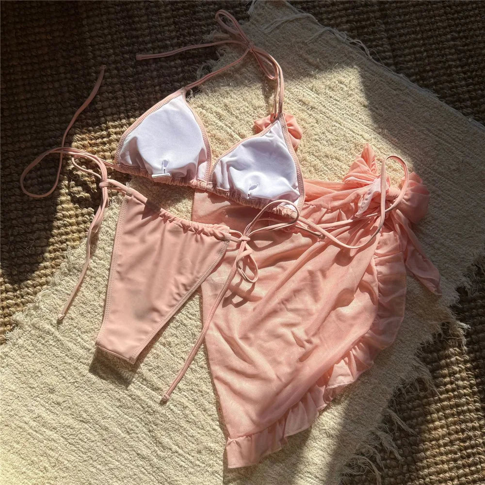 Sexy 3D Flower String Halter Bikinis 2025 Women Swimsuit Cover Ups Lace-up Thong Swimwear Beach Wear Bather 3 Piece Bikini Set