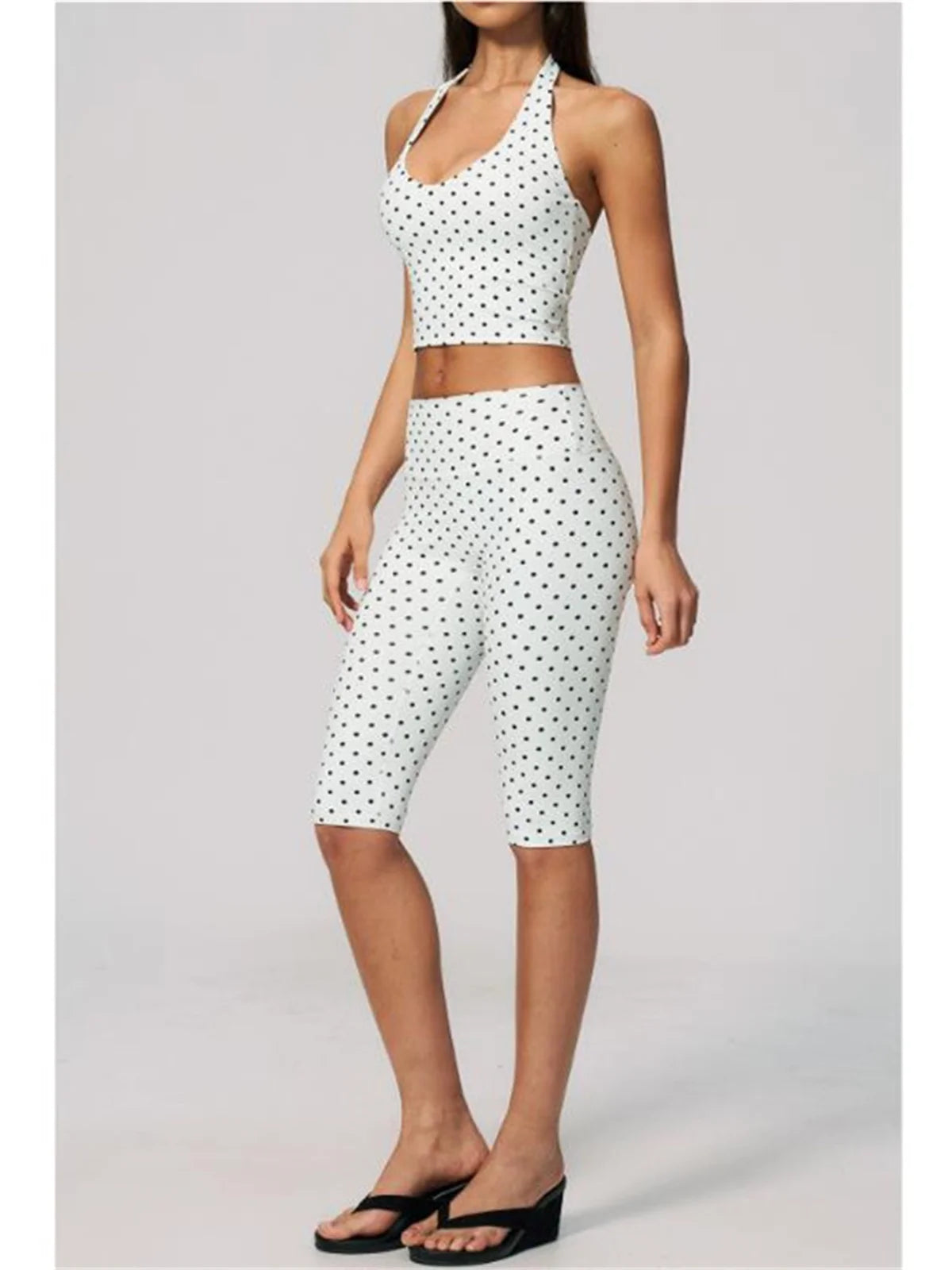 New Summer Women White Polka Dot Print Yoga Sets Hanging Neck Slim Sport Vest High Waist Mid Pants Gym Two-piece Workout Clothes