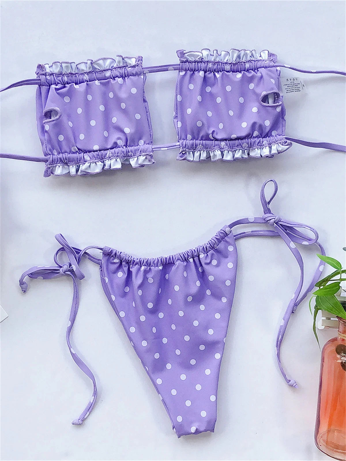 Elegant Purple Swimwear Women Sexy Off Shoulder Pleate Bikini Bandeau Hollow Out Lace-Up Push Up Bathing Suit Thong Swimsuit