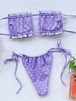 Elegant Purple Swimwear Women Sexy Off Shoulder Pleate Bikini Bandeau Hollow Out Lace-Up Push Up Bathing Suit Thong Swimsuit