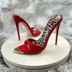 Red matte Leopard Base Slippers Pointed Toe Thin High Heels Women's Shoes Summer Casual Sexy Slip On Party One Word Belt Slipper