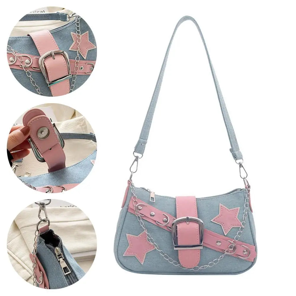 Fashion Women's Handbags Denim Stars Pattern Cool Girls Underarm Bag Female Small Shoulder Hobo Bags Chain Tote Bag