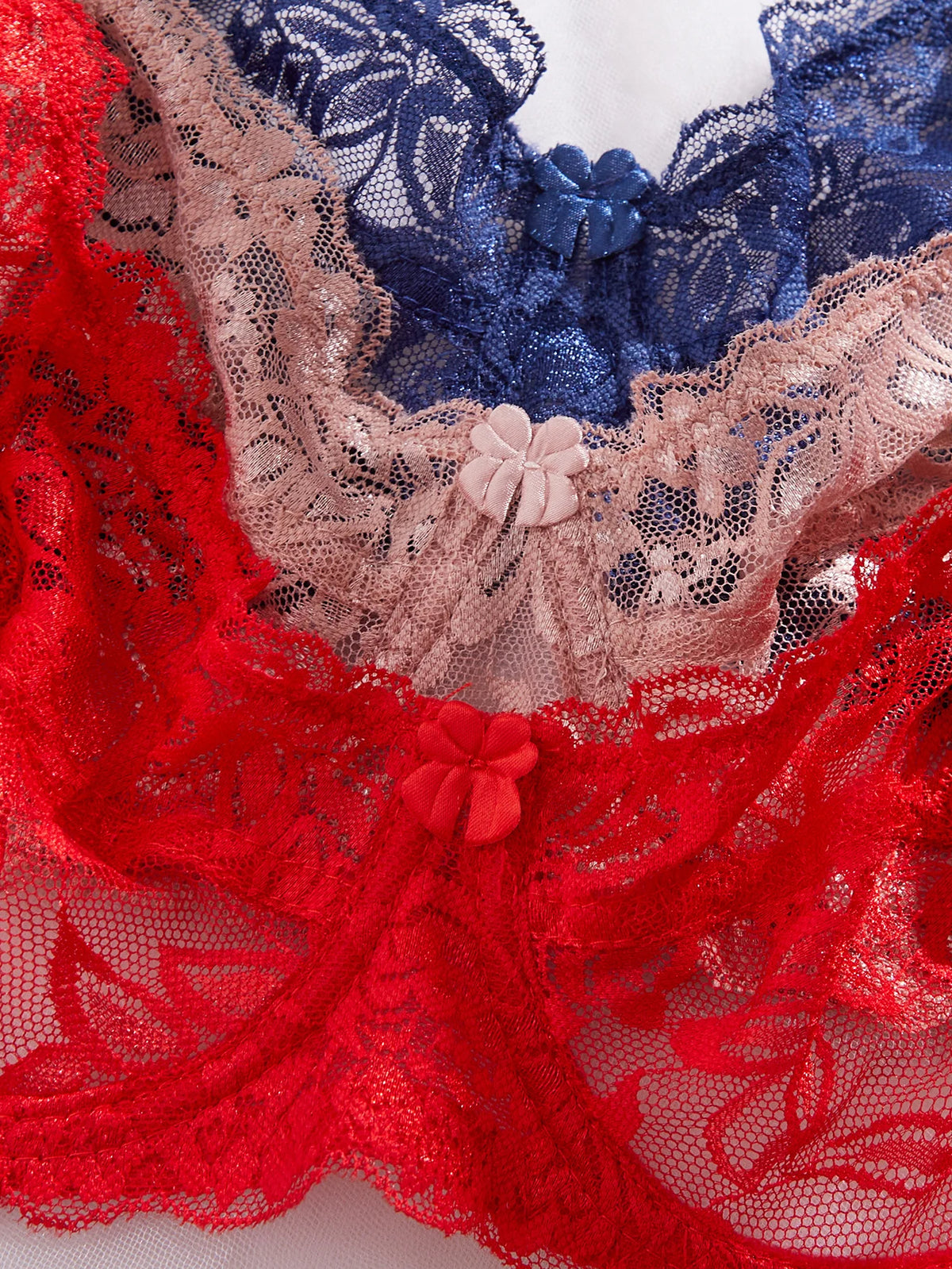 Hot Babe 3-Piece Women's Sexy Bras Hollow-Out Lace Patchwork Bow Unlined Bra Women