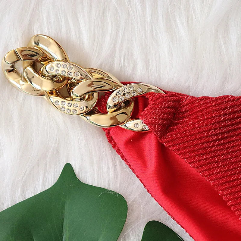 Halter Ribbed Metal Chains Diamond Bikini Women Swimsuit Female Swimwear Two-pieces Bikini Set Bather Bathing Suit Swim Lady