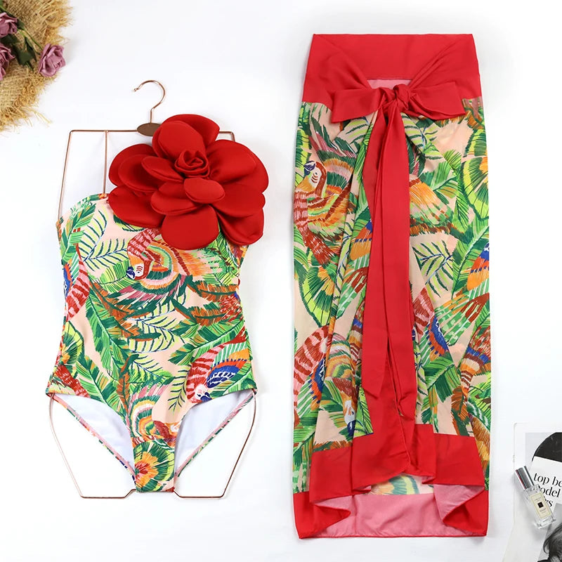 2024 Sexy Sling Ruffle Solid Two Pieces Bikini Women High Waist 3D Flower Swimsuit Skirt Summer Backless Beachwear Bathing Suit