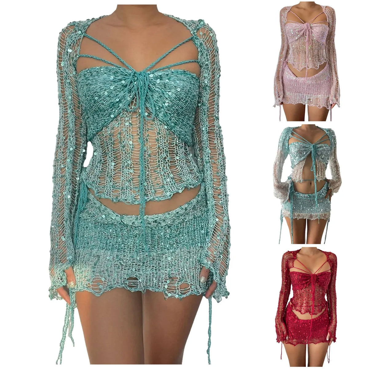 Glitter Sequins Knitted Skirt Sets Women Fashion Hollow Sequins Bandage Tube Top Mini Skirts 3 Piece Outfit Vacation Clothing