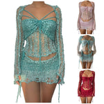 Glitter Sequins Knitted Skirt Sets Women Fashion Hollow Sequins Bandage Tube Top Mini Skirts 3 Piece Outfit Vacation Clothing
