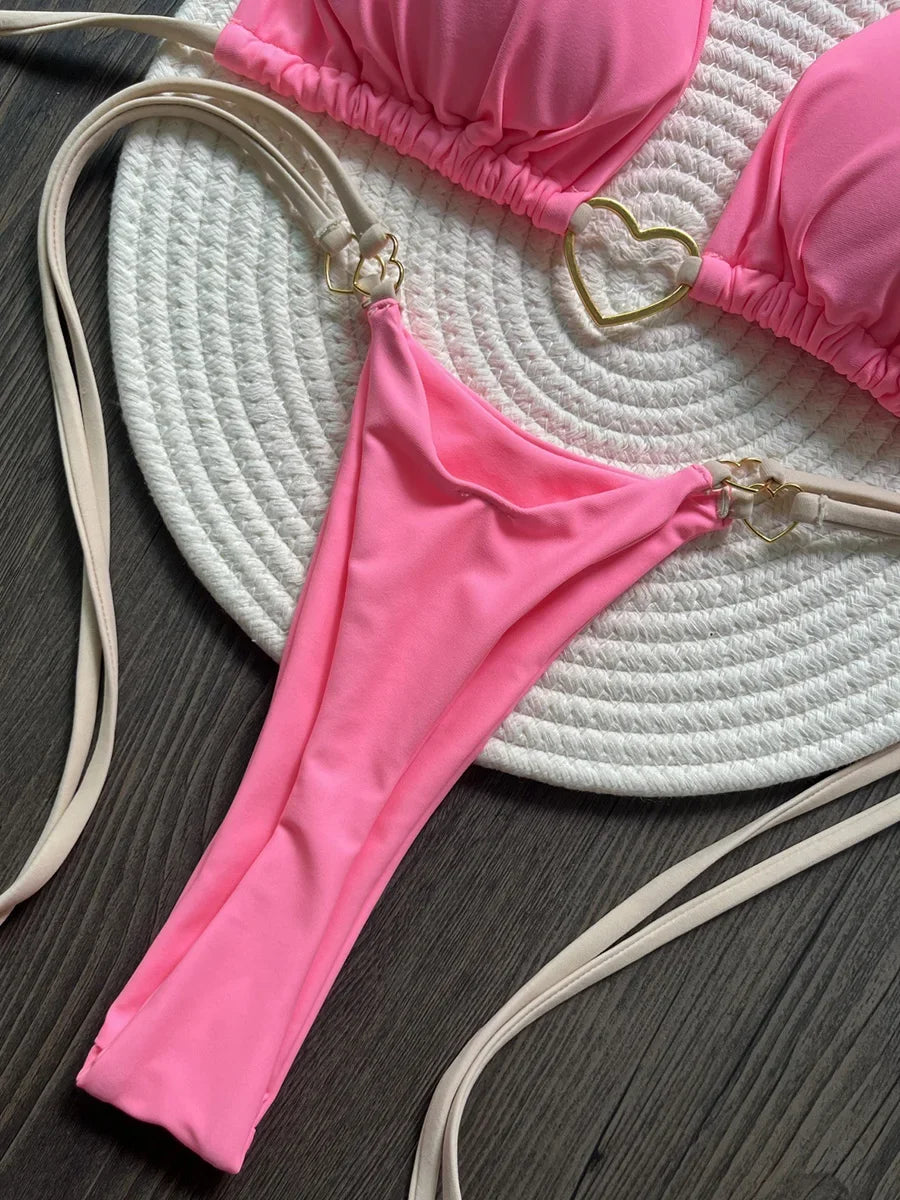Metal Heart-shaped Halter Mini Micro Thong Bikini Female Swimsuit Women Swimwear Two-pieces Bikini Set Bather Bathing Suit Swim
