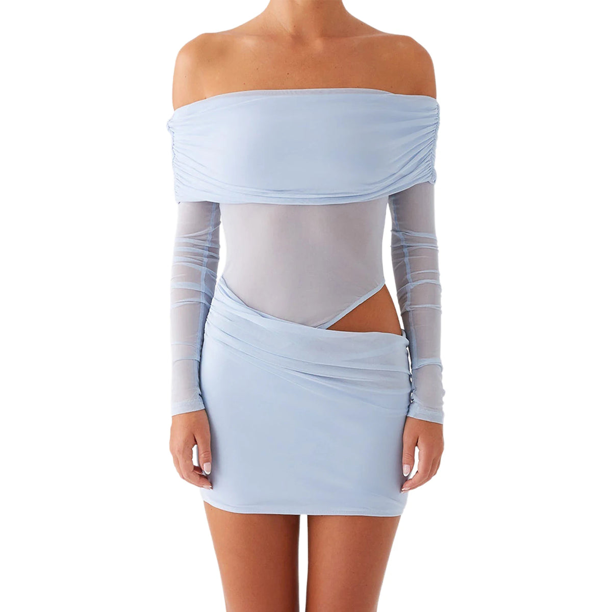 Women Mini Off Shoulder Slim Ruched Solid Color Party Club Dresses Cut Out Long Sleeve Backless Short Mesh Bodycon Dress