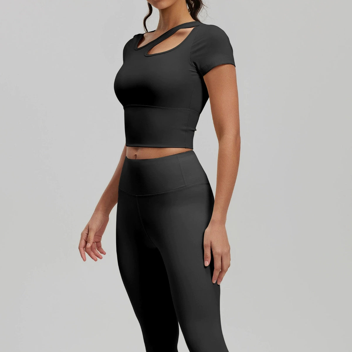 2 Pieces Women Tracksuit Yoga Set Spring Summer Short Sleeve Hollow Out Slim Sports Top High Waist Leggings Running Fitness Suit