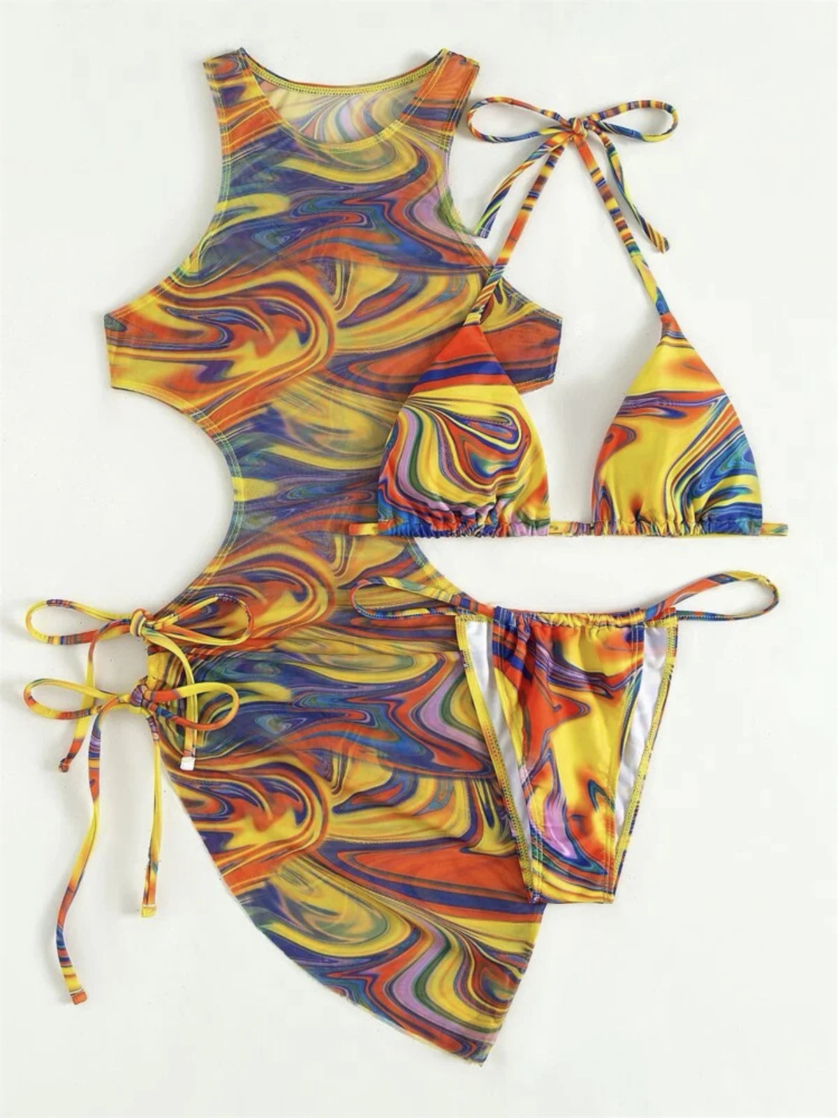 Dress Bikini 2025 Women Sexy High Neck Cut Out Mesh Cover Up Pleate Swimsuit Orange Gradient Bathing Suit Beach 3 Piece Swimwear