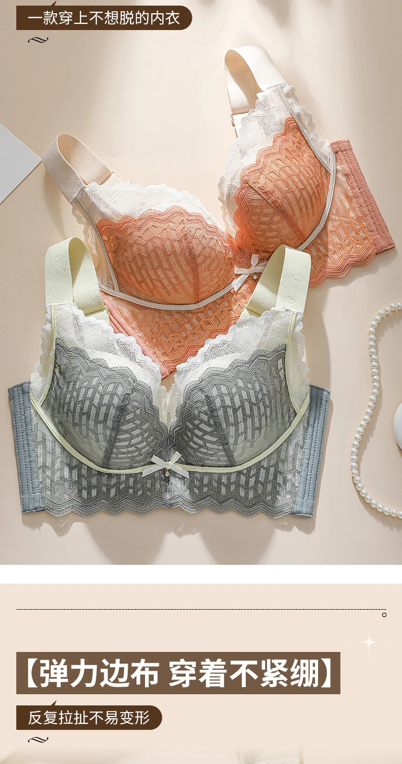 Thin WireFree Underwear Women Thin Style Large Chest Show Small Bra Gathered Adjusted Breast Closure No Steel Ring Bra 80-120CDE