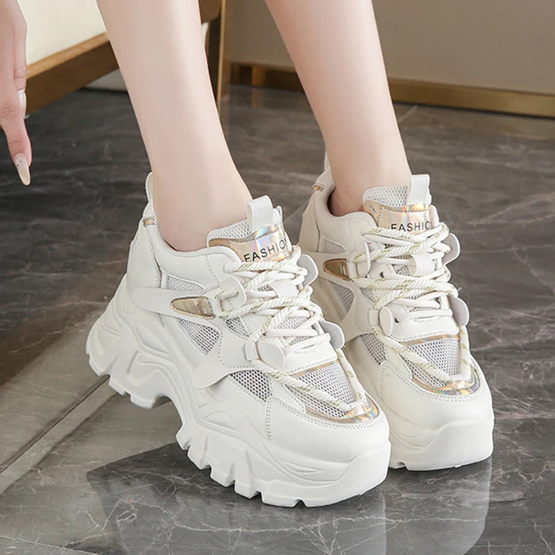 Breathable Chunky White Sneakers for Women Fashion Laser Thick Bottom Vulcanize Shoes Woman 2025 Lace Up Platform Running Shoes