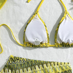 Sexy Drawstring Side Skirt 3 Piece Bikini Set Women Orange Striped Embroidered Print Swimwear High Waist Bathing Suit Swimsuit