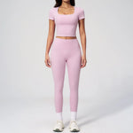 2PC Color Contrast Yoga Suit Women Short Sleeve Square Collar Slim Sports Top Fitness Suits Outdoor Exercise Leggings Tracksuit