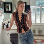 FDYOUI Women's Deep V-neck Lace Patchwork Mesh T-shirts 2026 Summer Sexy Sleeveless Buttons Leopard Tops Tee Shirt Streetwear