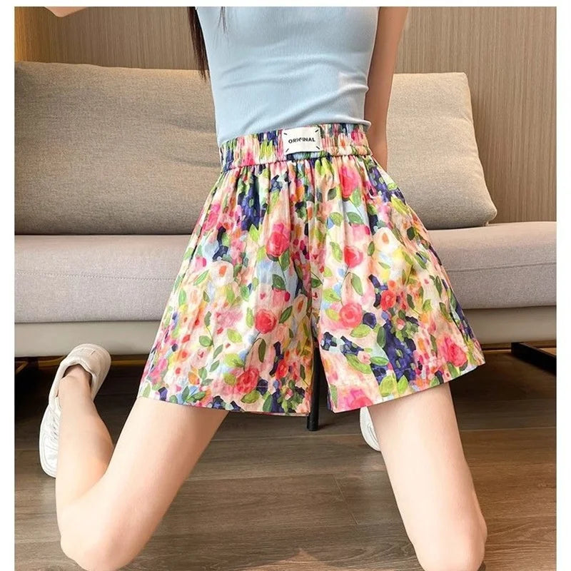 Summer Oil Painting Floral Shorts for Women Casual Wide Leg Shorts Large Siz Loose Floral Print Shorts Elastic Band Casual Pants