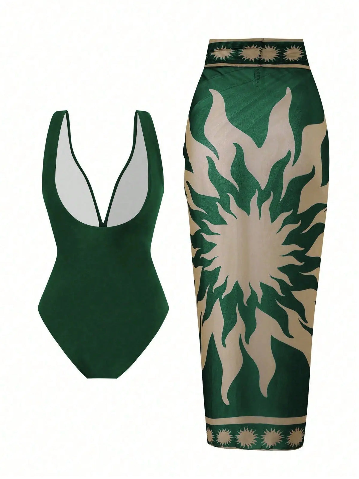 Vintage Green Deep V Neck One Piece Swimsuit 2025 Women Sexy Mesh Long Skirt Swimwear Set Beach Bathing Suit Holiday Monokini