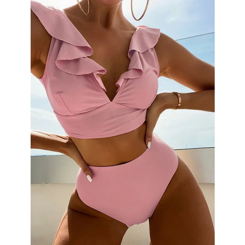 Solid Color Sexy V-neck Ruffle Bikini 2026 Women 2 Piece Swimwear Push Up Padded High Waist Swimsuit Summer Beach Bathing Suit