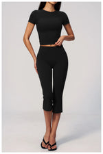 Yoga Set for Women High Waist Hip Lifting Tight Mid Pants Fitness Suit Short Sleeve O Neck Slimming Sports T Shirt Athletic Wear