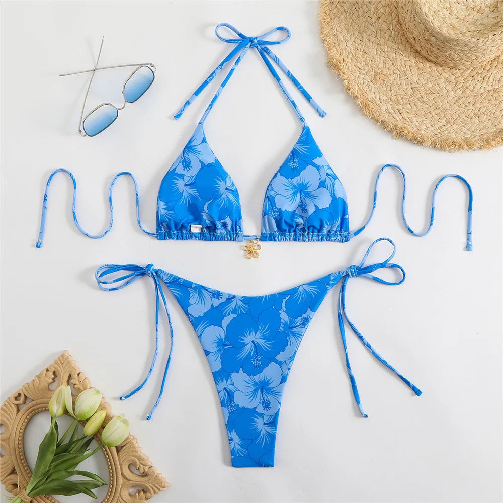 Sexy Rose Red Flower Print Micro Thong Bikini Women Swimwear 2026 String Halter Swimsuit Swimming Wear Triangle Bikinis Sets