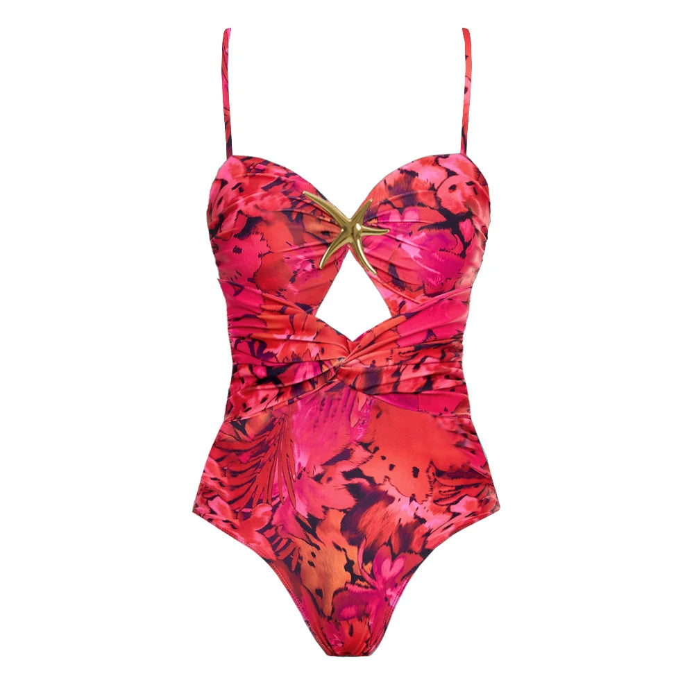 Cut Out Swimsuit And Cover Up Sexy Swimwear Women Floral Stars Swim Suit Push Up Bikini Bathingsuit Sliming Bodysuit Beachwear
