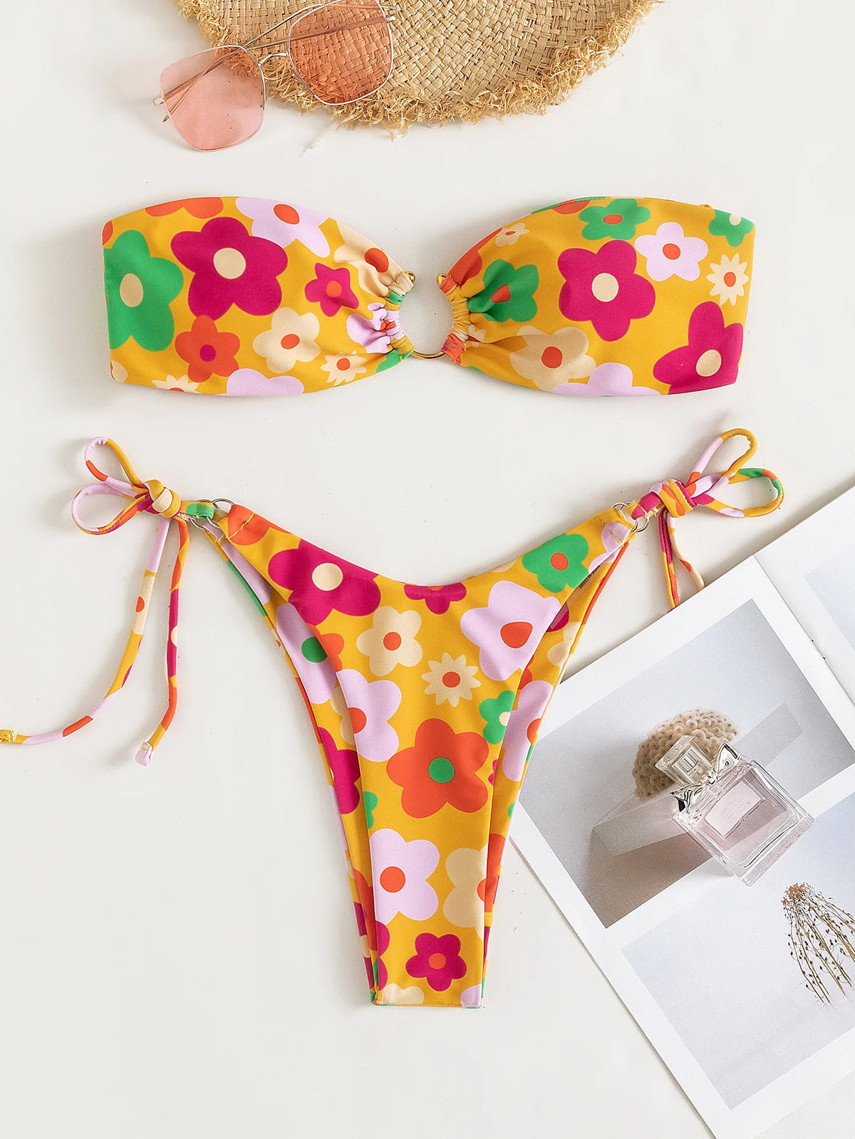 Sexy Bandeau Bikini 2025 Women Pink Floral Print Ring Circle Push Up Micro Swimsuit Off Shoulder Bathing Suit Thong Swimwear