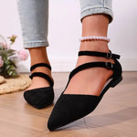 New Sandals for Women One Line Buckle Pointed Pointed-toe Flat-heeled Sandals Women's Suede Fashion Women'S Black Flats Shoes