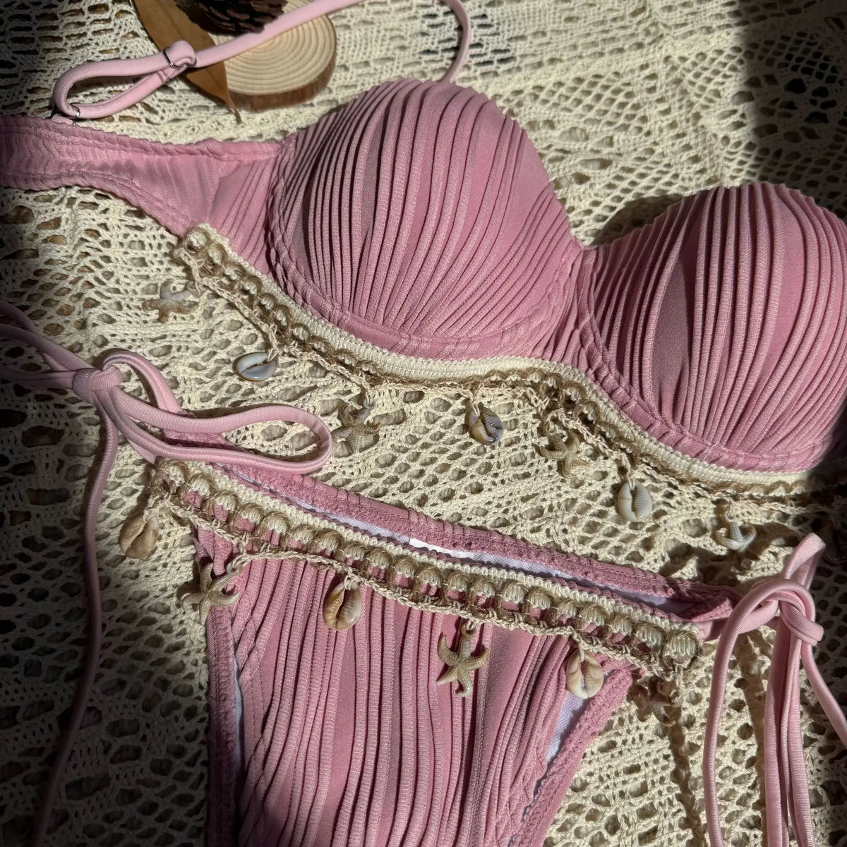 Sexy Shell Bikinis Sets Women White Ruffles Starfish Ornament Push Up Underwire Thong Swimsuit 2025 Beach Bathing Suit Swimwear