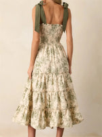 Women's Summer Floral Print Dresses Stylish Ruffled Trim Smocked Sleeveless Tie-Shoulder A-Line Dress