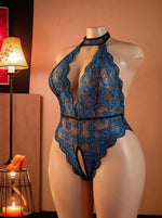 S-4XL Sexy Crotchless Halter Lingerie Women Lace Hollow Transparent Curvy Erotic Bodysuit Deep V Open Bra Underwear Set Babydoll