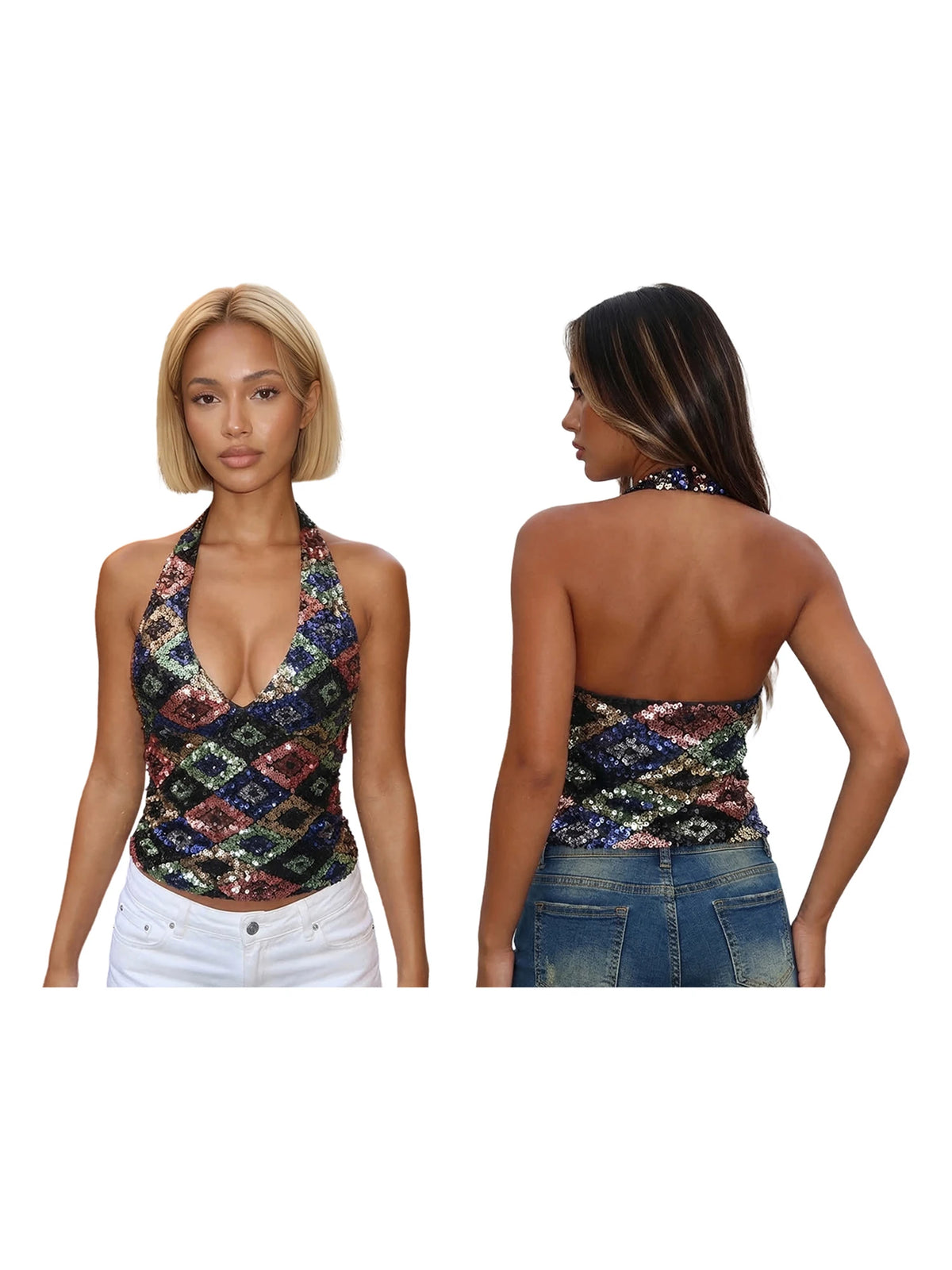 Summer Women Sequin Vest Open Back Sleeveless Halter Slim Fit Tank Tops Sexy Fashion Street Retro Corset Shirts