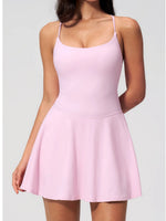 Women Tennis Dress with Shorts Pocket Square Neck Hollow Back Sleeveless One Piece Sports Outfit Fitness Pleate Mini Dresses