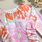 Pink Floral Print Surf Swimwear Women Front Zipper Long Sleeve Sunscreen Holiday One Piece Swimsuit Bathing Suit Monokini 2026
