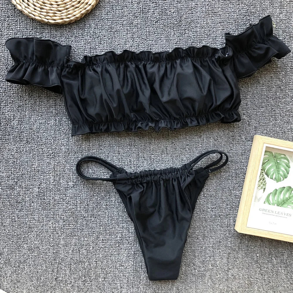 Ruffled Frilled Off Shoulder Bikini Women Swimsuit Female Swimwear Two Pieces Bikini Set Bandeau Bather Bathing Suit Swim Lady