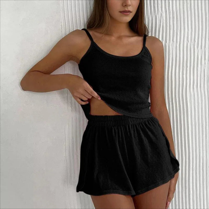 Summer Women's Pajama Set New Casual Knitted Breathable Skin Friendly Strap Shorts Two Piece Set Home Clothes Underwear Tank Top