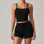 Women's New Summer Yoga Sets Color Blocked Double Strap Workout Tank Top Fitness Suit Drawstring High Waist Short Sport Set