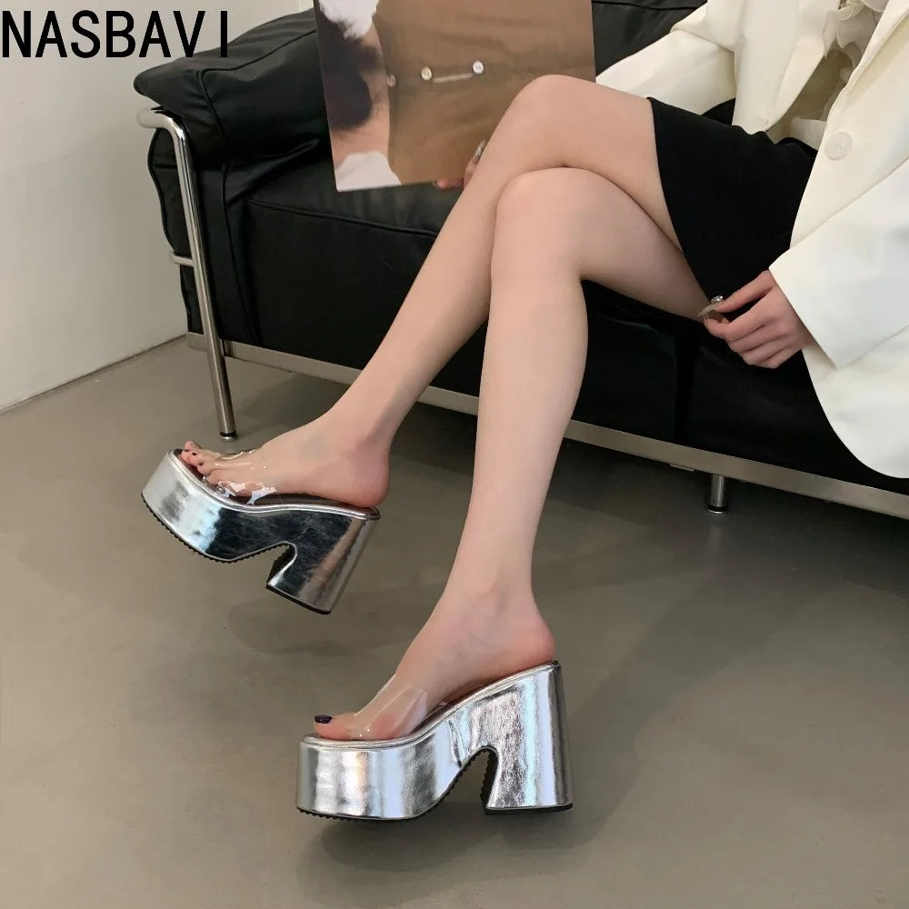 Summers Chunky Women Slippers Fashion Elegant PVC Transparent Platform Wedges Heel Slides Ladies Casual Outdoor Beach Sandalias