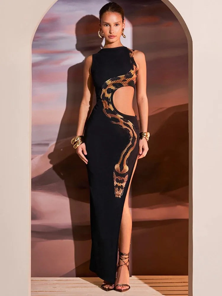 Snake Print Cut Out Slim Long Dress Women Fashion Sexy Package Hip Bodycon Slit Sleeveless Dresses Club Party Vestidos 2025 New
