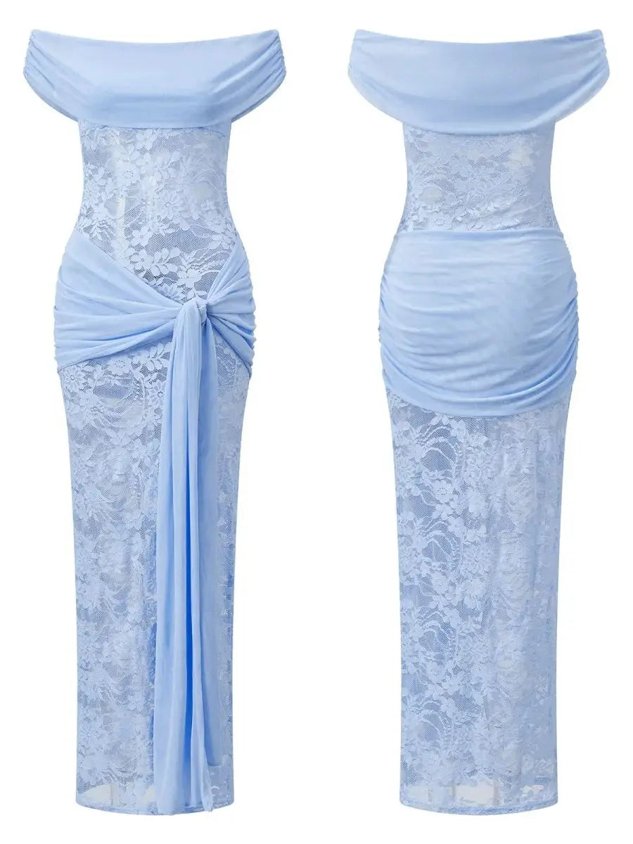 Women Off Shoulder Dress Sleeveless Lace Patchwork Tie-up Summer Long Dress for Cocktail Party