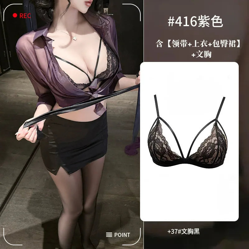 Translucent Purple Shirt Paired With A Skirt Set Secretary Sexy For Women Alluring And Pure Desire Dress Nightclub Style 89JL