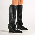 Fashion Wedge High Heels Long Boots Women Plus Size Pu Leather Knee High Botas Mujer Sexy Punk Black Pointed Toe Boots Woman