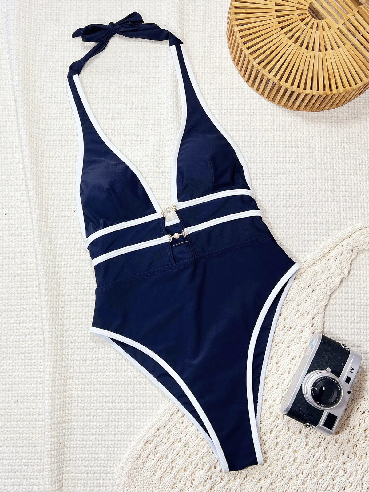 DEKA Leopard Printed Swimwear Deep V-Neck One Piece Swimsuit Lady Halter Pearl Accents Bathing Suit Fashion Mujer Pool Beachwear