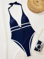 DEKA Leopard Printed Swimwear Deep V-Neck One Piece Swimsuit Lady Halter Pearl Accents Bathing Suit Fashion Mujer Pool Beachwear