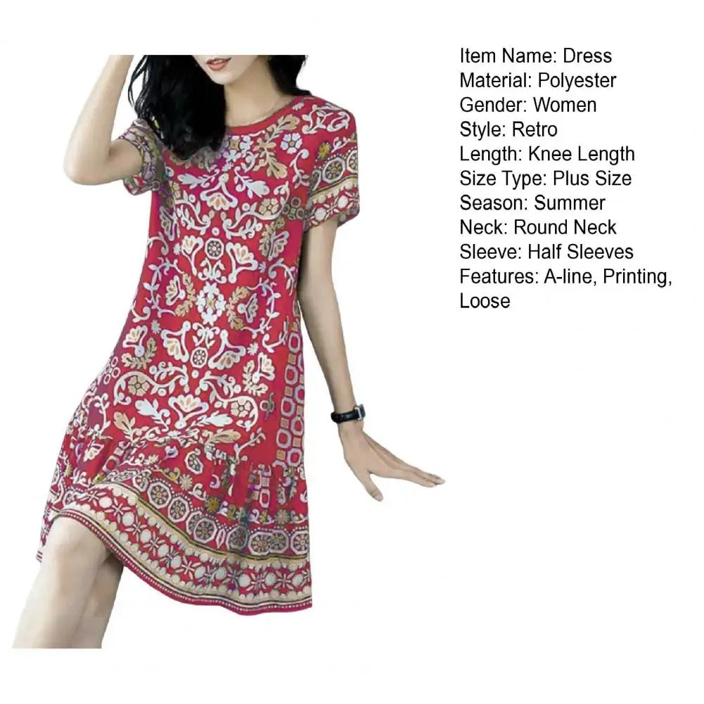 Summer Women Dress Half Sleeves Round Neck Retro Print A-line Big Hem Knee Length Loose Casual Daily Wear Vacation Midi Dress