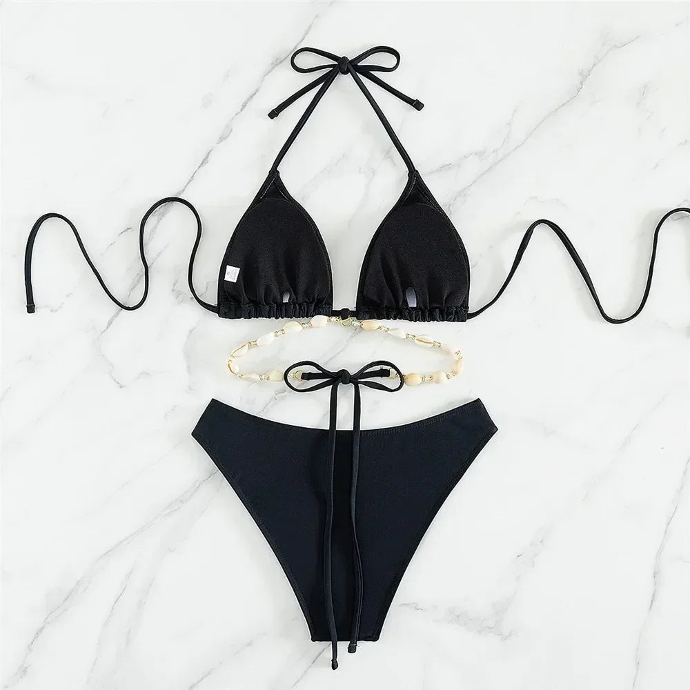Sexy White Shell String Halter Triangle Bikini Set Women Swimwear Micro Thong Swimsuit Bathing Suit Mini Bikinis 2026 Mujer Swim