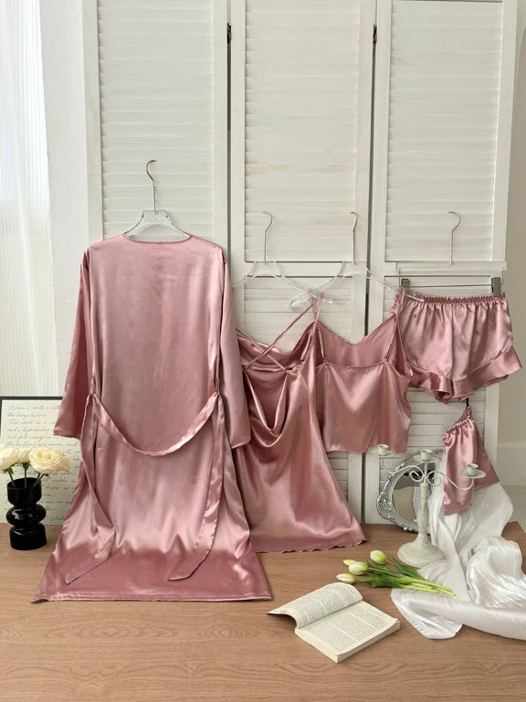 Five piece set of women's home clothes, plain sleepwear set, thin sleepwear, camisole shorts, camisole skirt set, elegant, sexy,