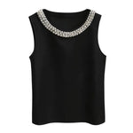 Women Vest Silky Satin Sleeveless Tops With Faux Pearls Collar Loose Fit Summer Tops Formal Semi-Formal Wear Women Blouse