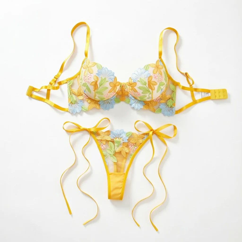 Women Yellow Floral Embroidery Lingerie Set Bow Tie Side Sheer Mesh Bra And Thong 2‑Pieces Intimate Underwear ZA825291