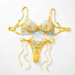 Women Yellow Floral Embroidery Lingerie Set Bow Tie Side Sheer Mesh Bra And Thong 2‑Pieces Intimate Underwear ZA825291